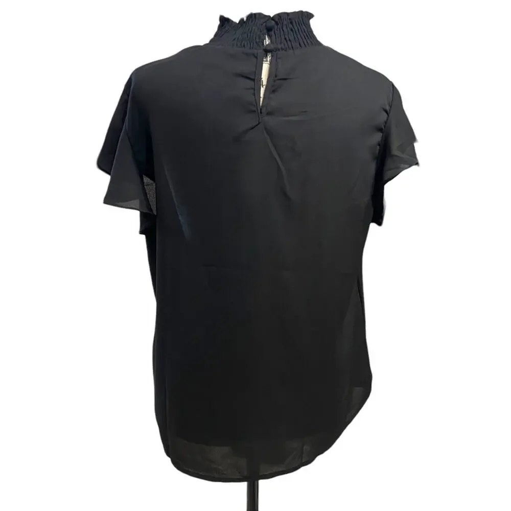 Reese women Medium Blouse Black Sparkle Lace Sheer flutter sleeve Goth Wednesday - Picture 5 of 15